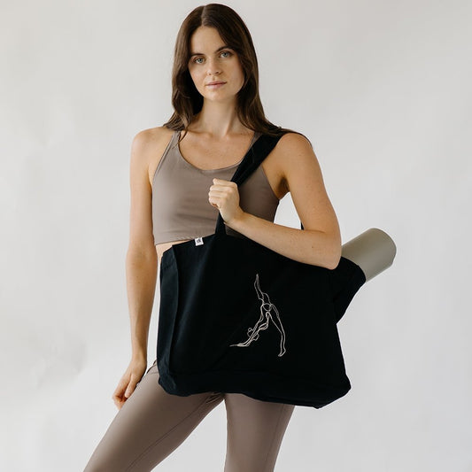 Black Embroidered Oversized Recycled Yoga Tote Bag - Actively Conscious