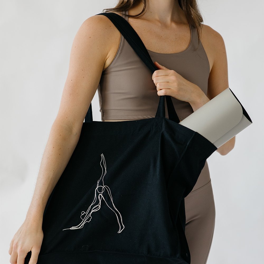 Black Embroidered Oversized Recycled Yoga Tote Bag - Actively Conscious