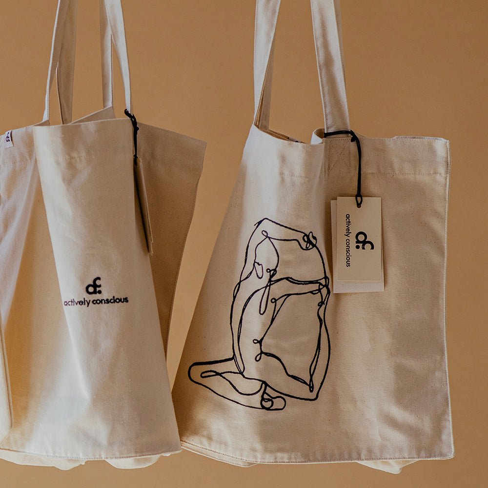 Embroidered Mermaid Yoga Pose Oversized Recycled Tote Bag - Actively Conscious