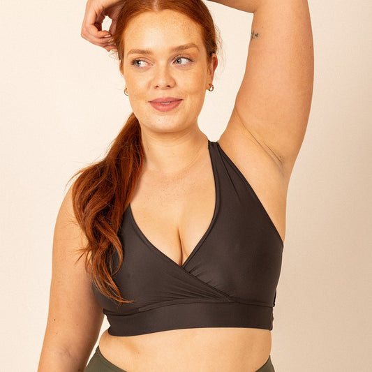 Wrap Front Open-Back Bralet in Charcoal Black - Actively Conscious