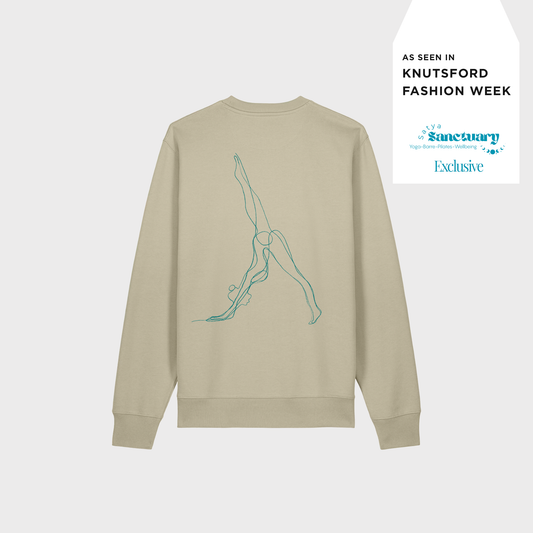 Downward Dog Back Print Oversized Organic Cotton Sweater in Sage – Exclusive Teal Edition