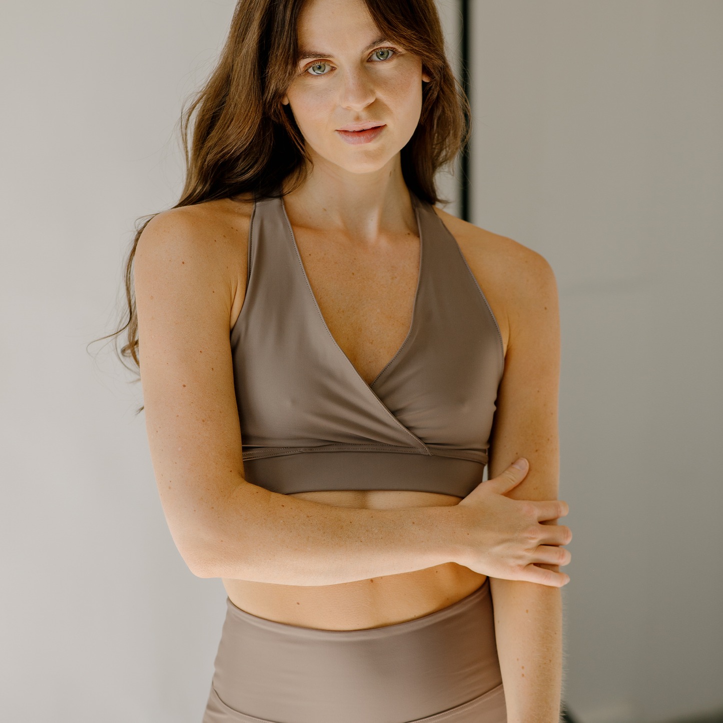 Wrap Front Open-Back Bralet in Taupe