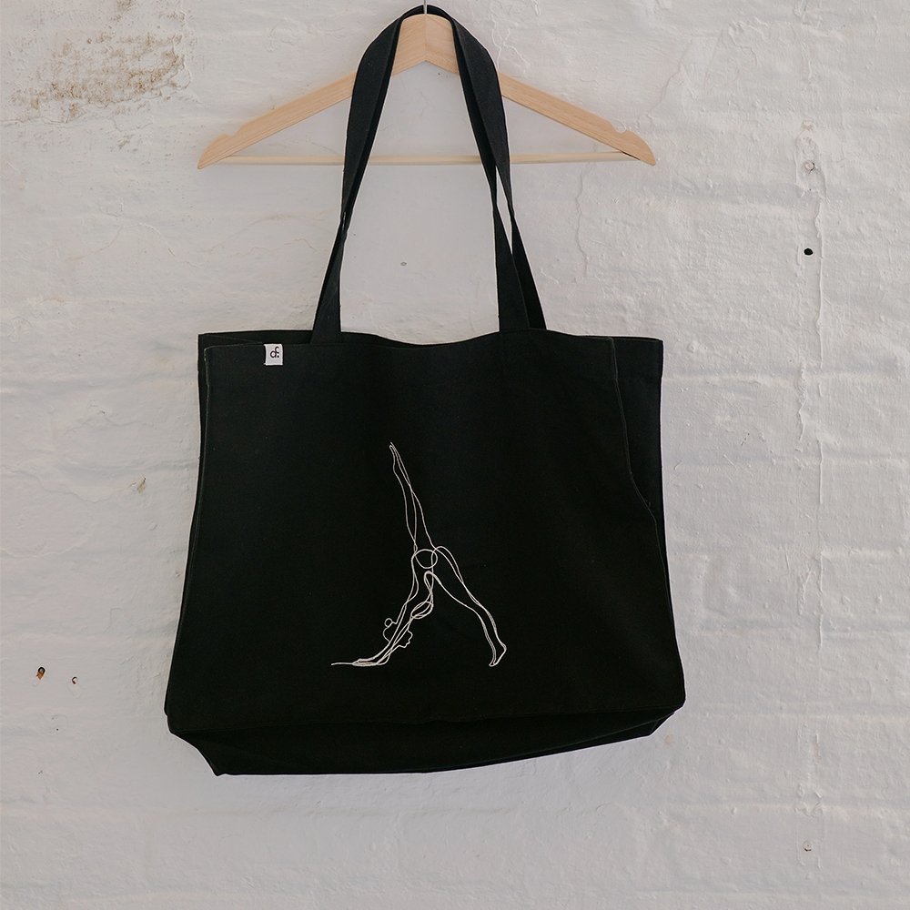 Black Embroidered Oversized Recycled Yoga Tote Bag - Actively Conscious