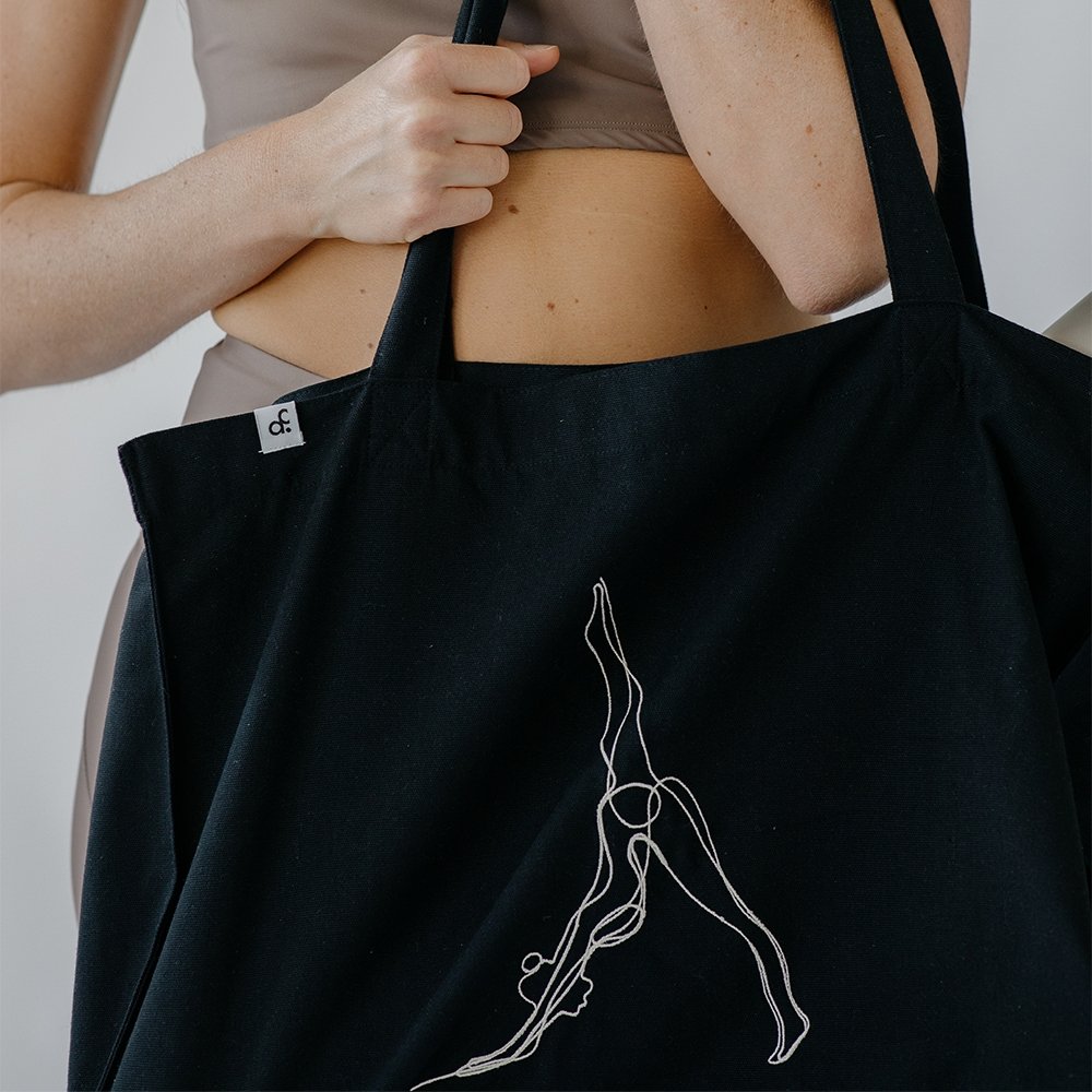 Black Embroidered Oversized Recycled Yoga Tote Bag - Actively Conscious