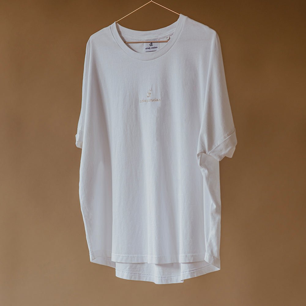 Oversized Embroidered Logo Boxy Organic White T-Shirt - Actively Conscious