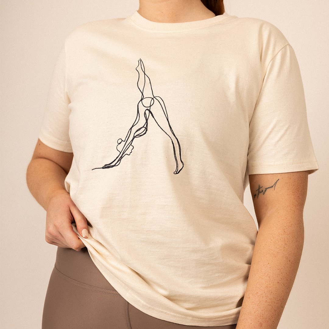 'Three Leg Downdog' Ecru Embroidered Organic T-shirt - Actively Conscious
