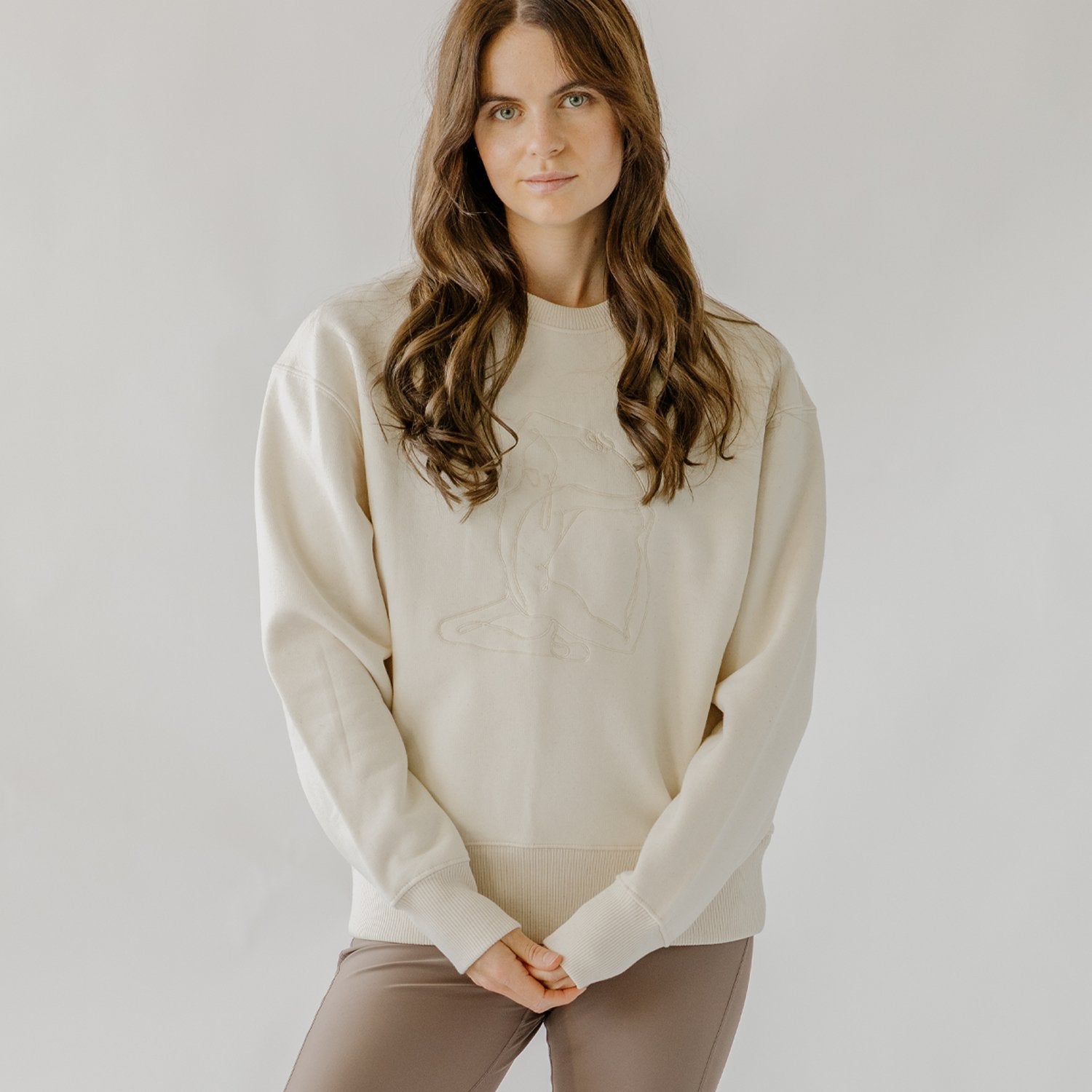 Tonal "Mermaid" Yoga Pose Embroidered Ecru Sweater - Actively Conscious