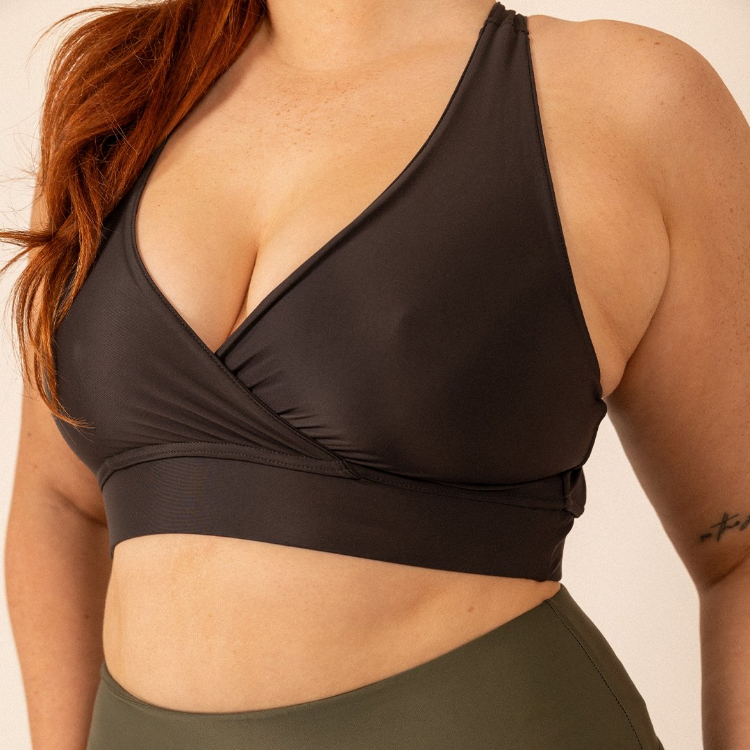 Wrap Front Open-Back Bralet in Charcoal Black - Actively Conscious